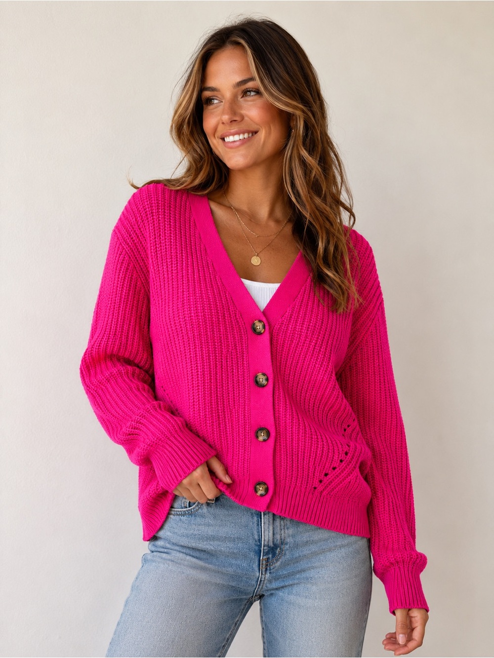 LOFT Women’s XL Hot Pink Chunky Knit Button Front Cardigan Sweater Cotton Blend